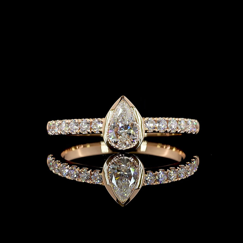 14K Rose Gold Pear-Shaped Diamond Solitaire Eternity Band with Bezel-Set Center & Diamond Shank - 0.63 Carats Total Lab Diamond Weight - Covaloro Fine Jewelry