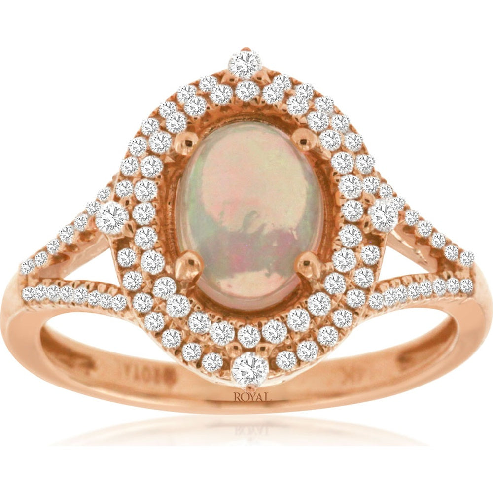 14K Rose Gold Pear-Shaped Halo Ring with Cabochon Opal and Pavé-Set Diamonds - 0.90 Carat Opal and 0.33 Carat Total Diamond Weight - Royal Jewelry