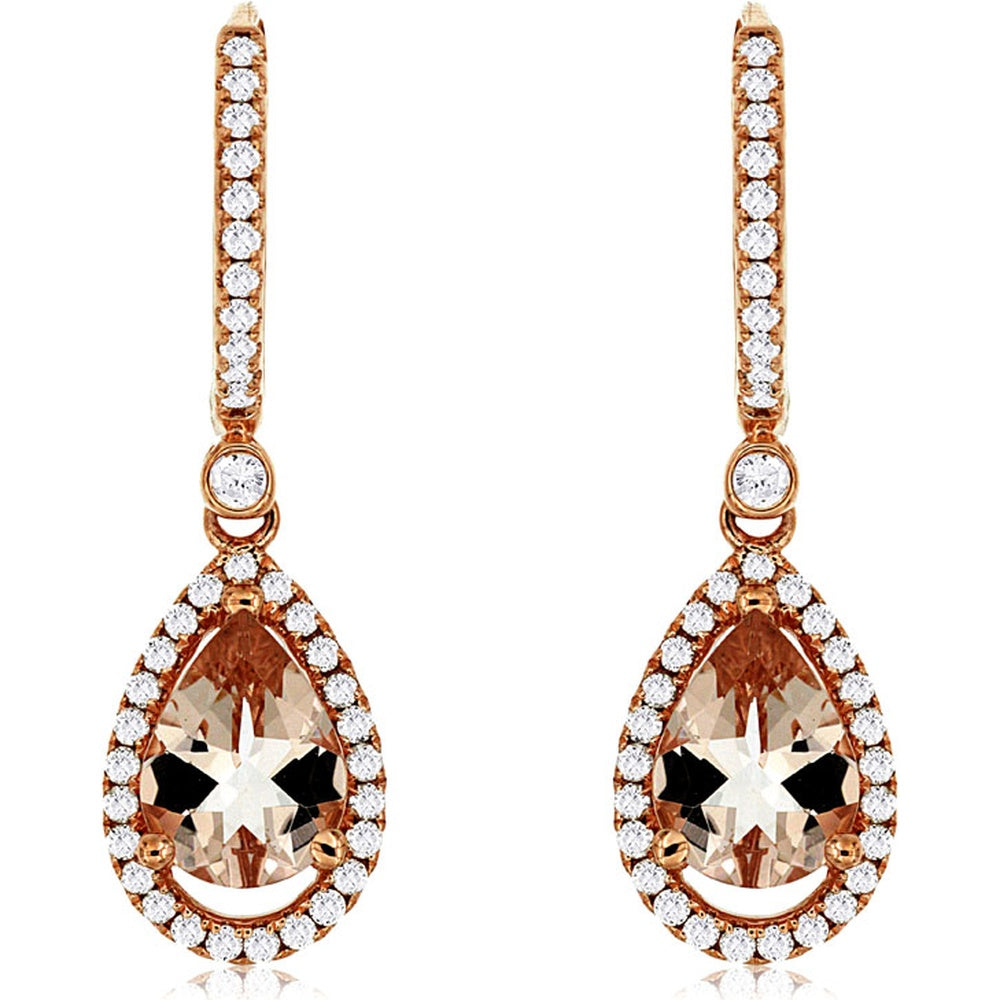 14K Rose Gold Pear-Shaped Morganite and Diamond Halo Drop Earrings - 1.90 Carat Total Morganite Weight and 0.42 Carat Total Diamond Weight - Royal Jewelry