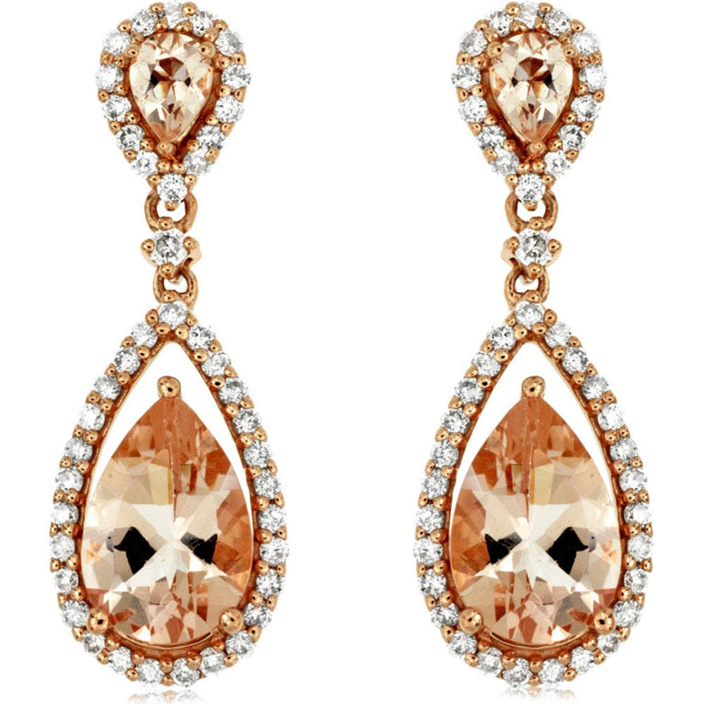 14K Rose Gold Pear-Shaped Morganite and Diamond Halo Drop Earrings - 2.50 Carat Total Morganite Weight and 0.49 Carat Total Diamond Weight - Royal Jewelry
