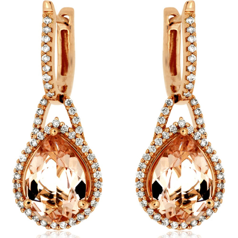 14K Rose Gold Pear-Shaped Morganite and Diamond Halo Drop Earrings - 2.90 Carat Total Morganite Weight and 0.40 Carat Total Diamond Weight - Royal Jewelry