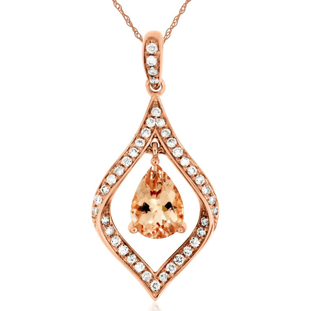 14K Rose Gold Pear-Shaped Morganite and Diamond Halo Pendant - 0.70 Carat Morganite and 0.17 Carat Diamond Total Weight - Royal Jewelry