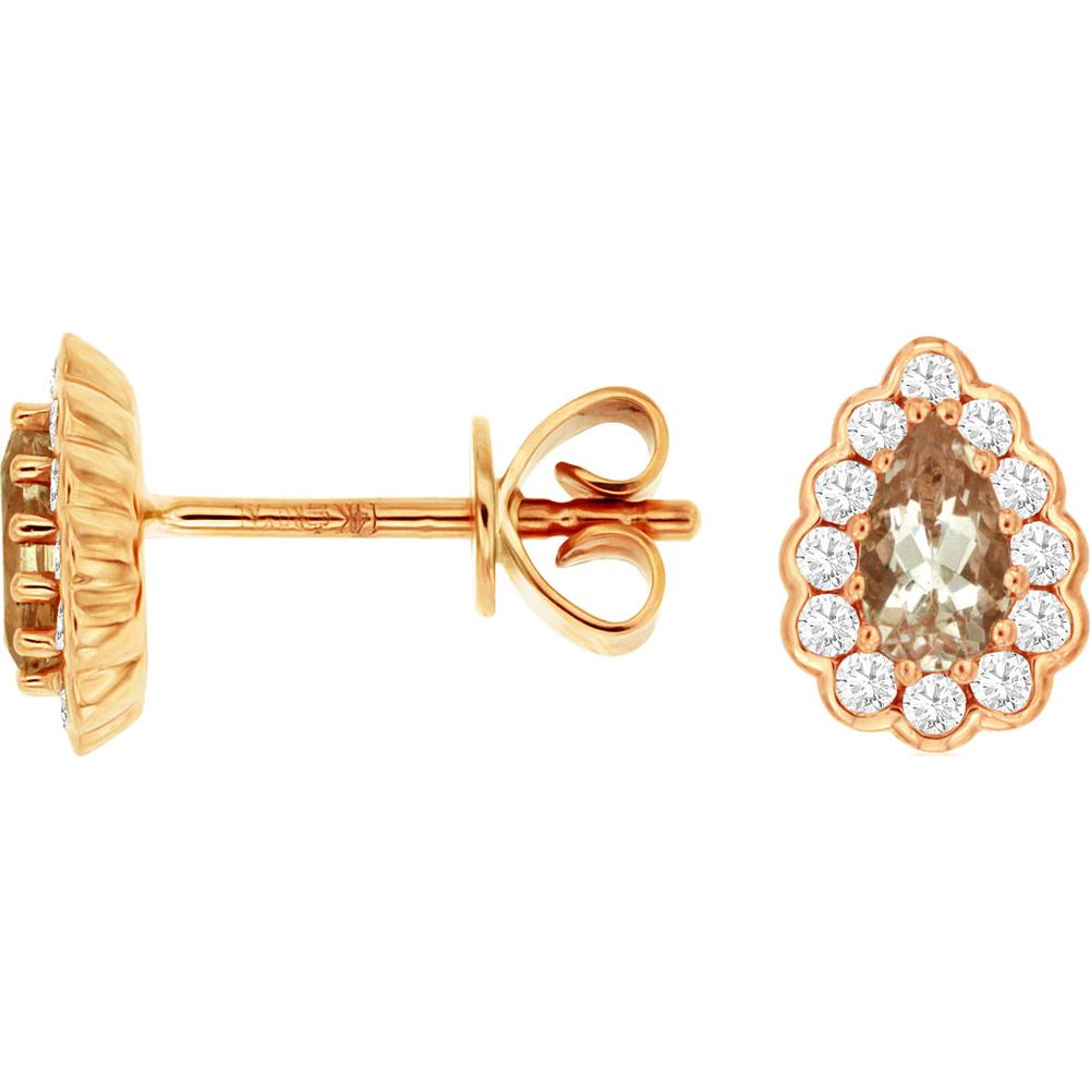 14K Rose Gold Pear Shaped Morganite and Diamond Halo Stud Earrings - 0.80 Carat Total Morganite Weight, 0.21 Carat Total Diamond Weight - Royal Jewelry