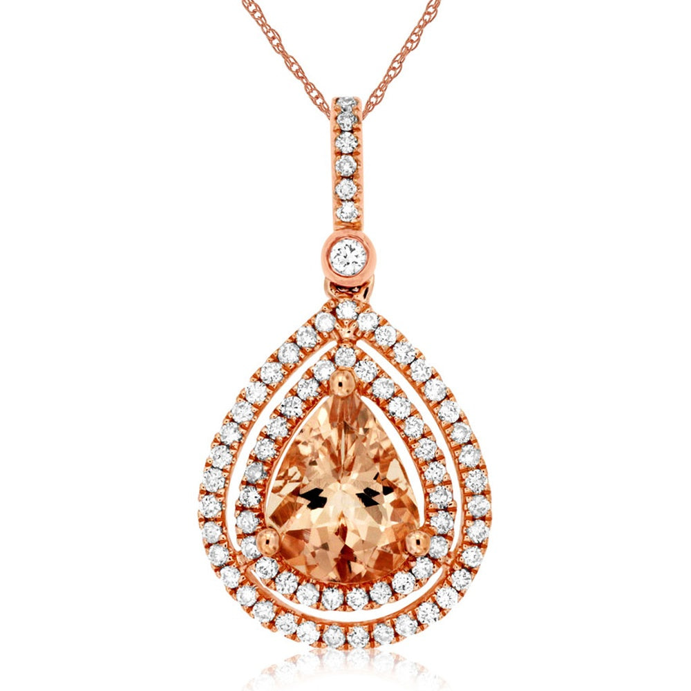 14K Rose Gold Pear-Shaped Morganite Double Halo Pendant with Prong-Set Round Diamonds - 1.20 Carat Morganite and 0.40 Carat Total Diamond Weight - Royal Jewelry