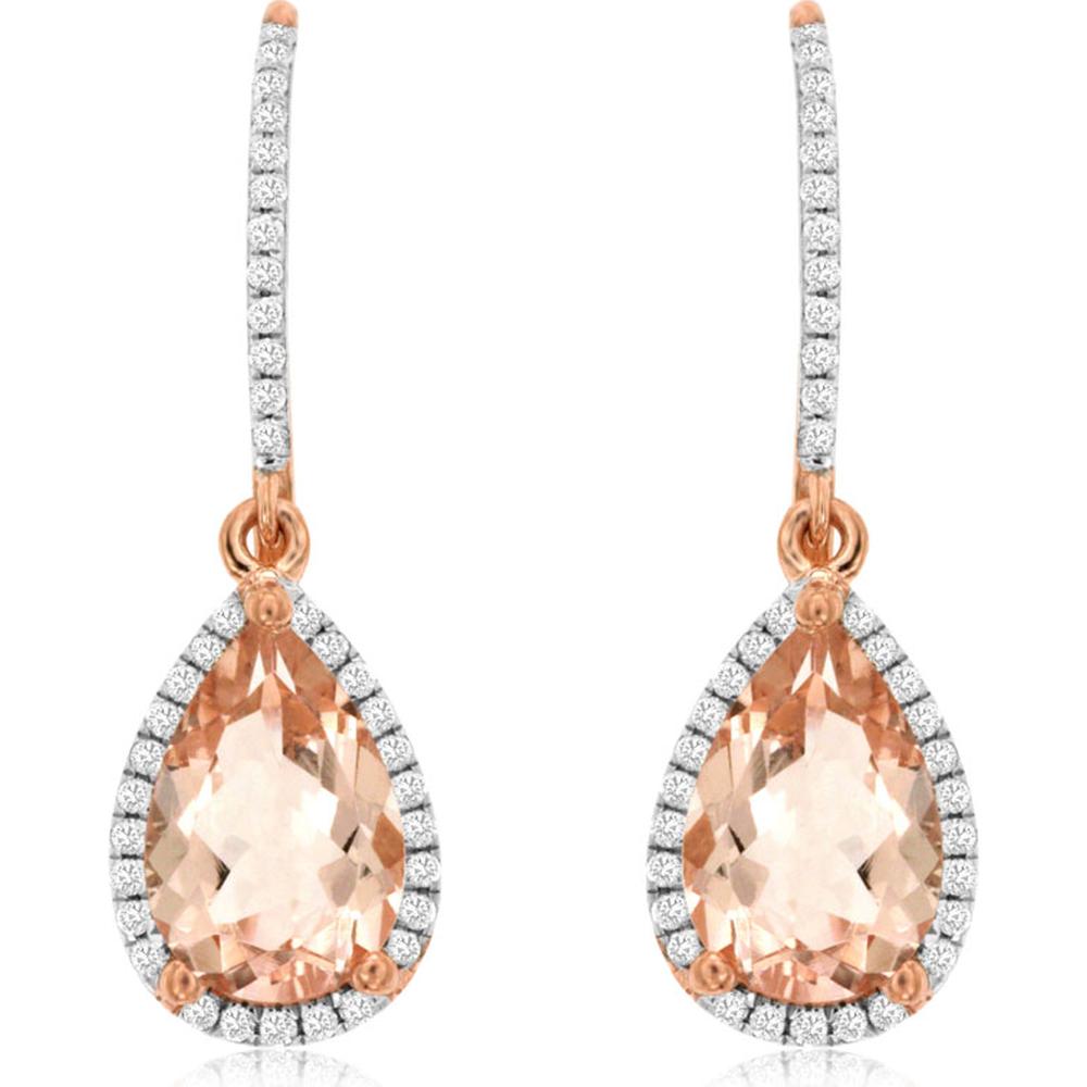 14K Rose Gold Pear Shaped Morganite Drop Earrings with Diamond Halo - 2.10 Carat Total Morganite Weight and 0.22 Carat Total Diamond Weight - Royal Jewelry