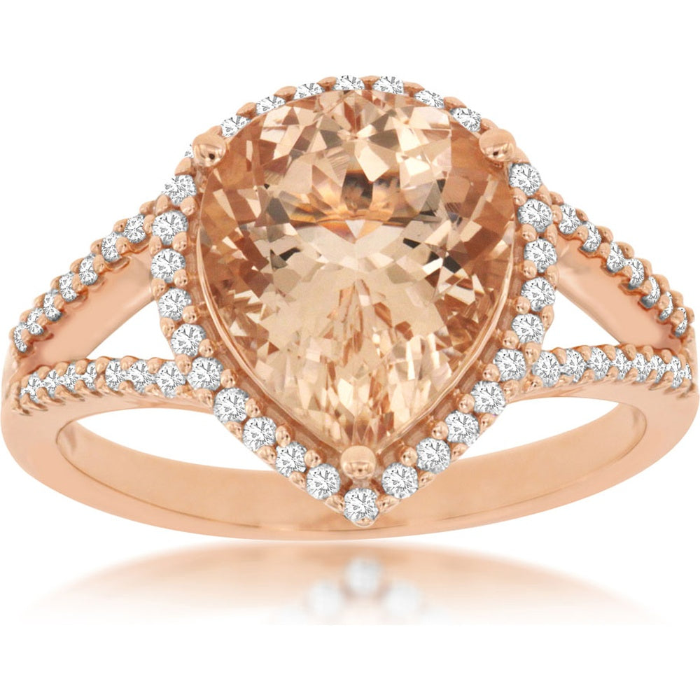 14K Rose Gold Pear-Shaped Morganite Halo Ring with Split Shank Diamond Accents - 2.85 Carat Morganite and 0.30 Carat Total Diamond Weight - Royal Jewelry
