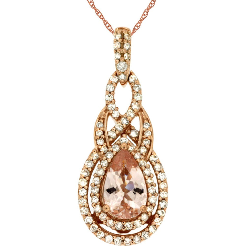 14K Rose Gold Pear-Shaped Morganite Pendant with Diamond Double Halo - 0.75 Carat Morganite and 0.32 Carat Total Diamond Weight - Royal Jewelry