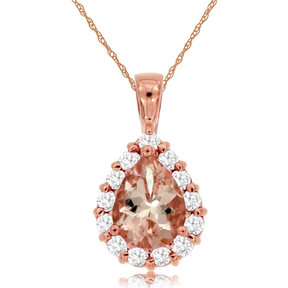 14K Rose Gold Pear Shaped Morganite Pendant with Round Diamond Halo - 0.95 Carat Morganite & 0.30 Carat Total Diamond Weight - Royal Jewelry