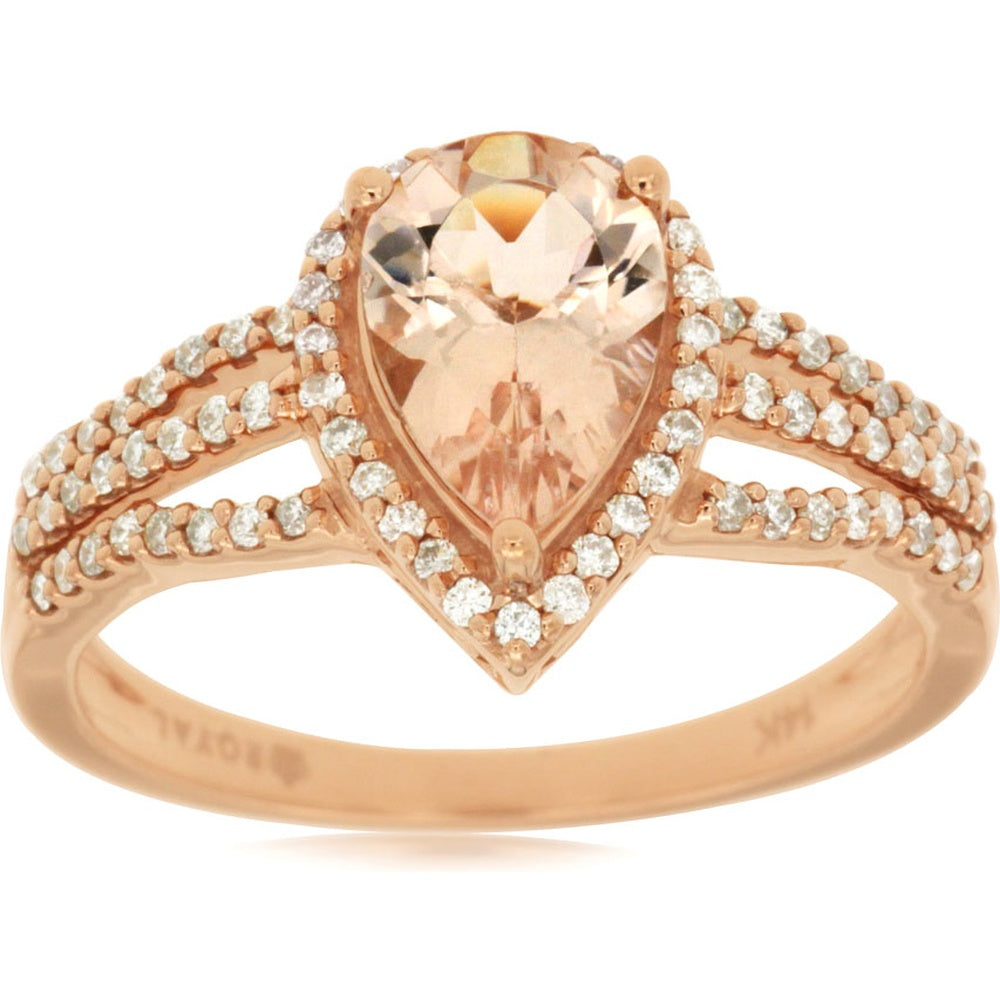 14K Rose Gold Pear-Shaped Morganite Ring with Halo and Split Shank Round Diamonds - 1.10 Carat Morganite and 0.30 Carat Total Diamond Weight - Royal Jewelry