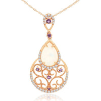14K Rose Gold Pear-Shaped Opal, Amethyst and Diamond Pendant Necklace - 1.70 Carat Opal and Amethyst Weight with 0.28 Carat Total Diamond Weight - Royal Jewelry