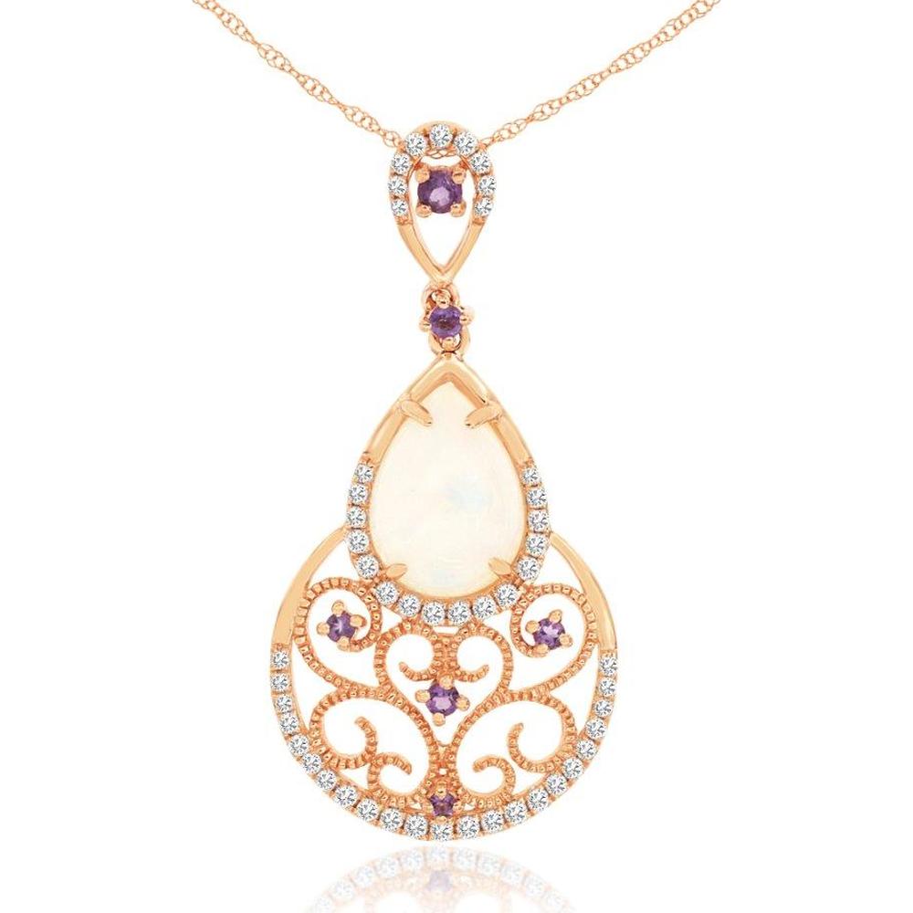 14K Rose Gold Pear-Shaped Opal, Amethyst and Diamond Pendant Necklace - 1.70 Carat Opal and Amethyst Weight with 0.28 Carat Total Diamond Weight - Royal Jewelry