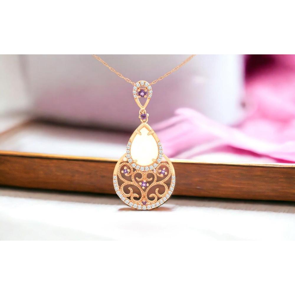 14K Rose Gold Pear-Shaped Opal, Amethyst and Diamond Pendant Necklace - 1.70 Carat Opal and Amethyst Weight with 0.28 Carat Total Diamond Weight - Royal Jewelry