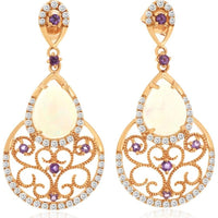 14K Rose Gold Pear-Shaped Opal and Diamond Drop Earrings with Milgrain Filigree and Purple Accents - 1.20 Carat Total Opal Weight, 0.50 Carat Total Diamond Weight - Royal Jewelry