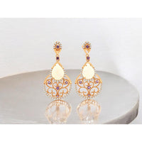 14K Rose Gold Pear-Shaped Opal and Diamond Drop Earrings with Milgrain Filigree and Purple Accents - 1.20 Carat Total Opal Weight, 0.50 Carat Total Diamond Weight - Royal Jewelry