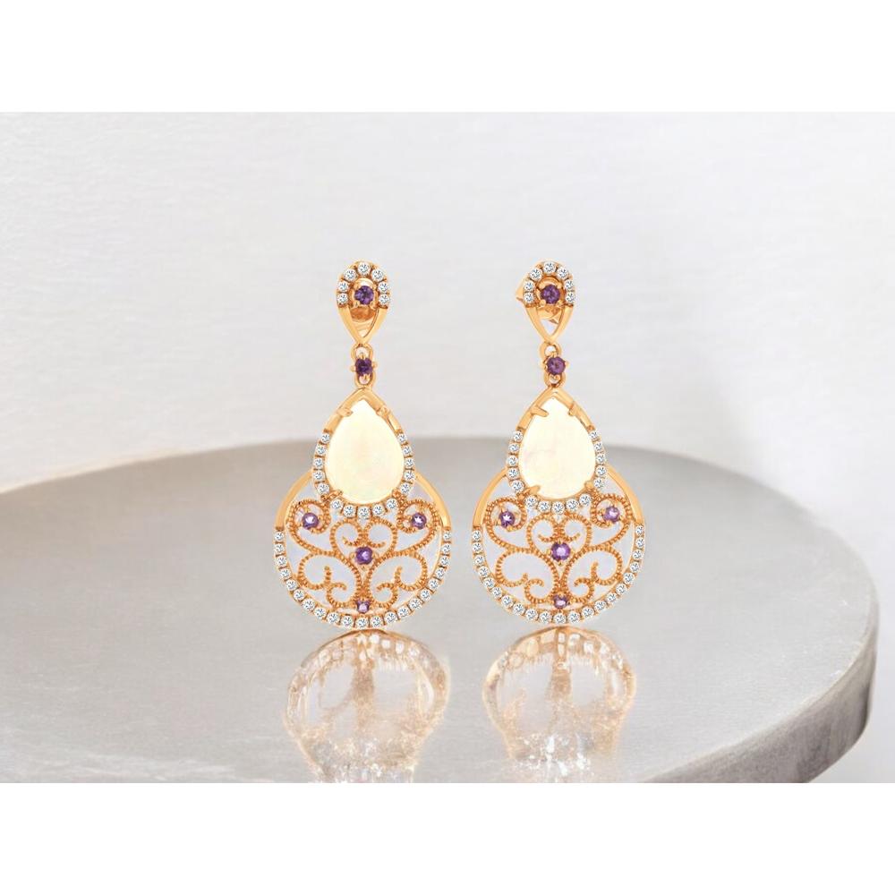 14K Rose Gold Pear-Shaped Opal and Diamond Drop Earrings with Milgrain Filigree and Purple Accents - 1.20 Carat Total Opal Weight, 0.50 Carat Total Diamond Weight - Royal Jewelry