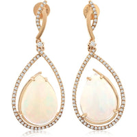 14K Rose Gold Pear-Shaped Opal and Diamond Halo Drop Earrings - 12.30 Carat Total Opal Weight and 0.51 Carat Total Diamond Weight - Royal Jewelry