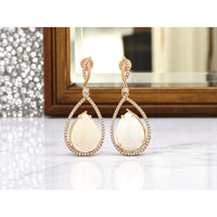 14K Rose Gold Pear-Shaped Opal and Diamond Halo Drop Earrings - 12.30 Carat Total Opal Weight and 0.51 Carat Total Diamond Weight - Royal Jewelry