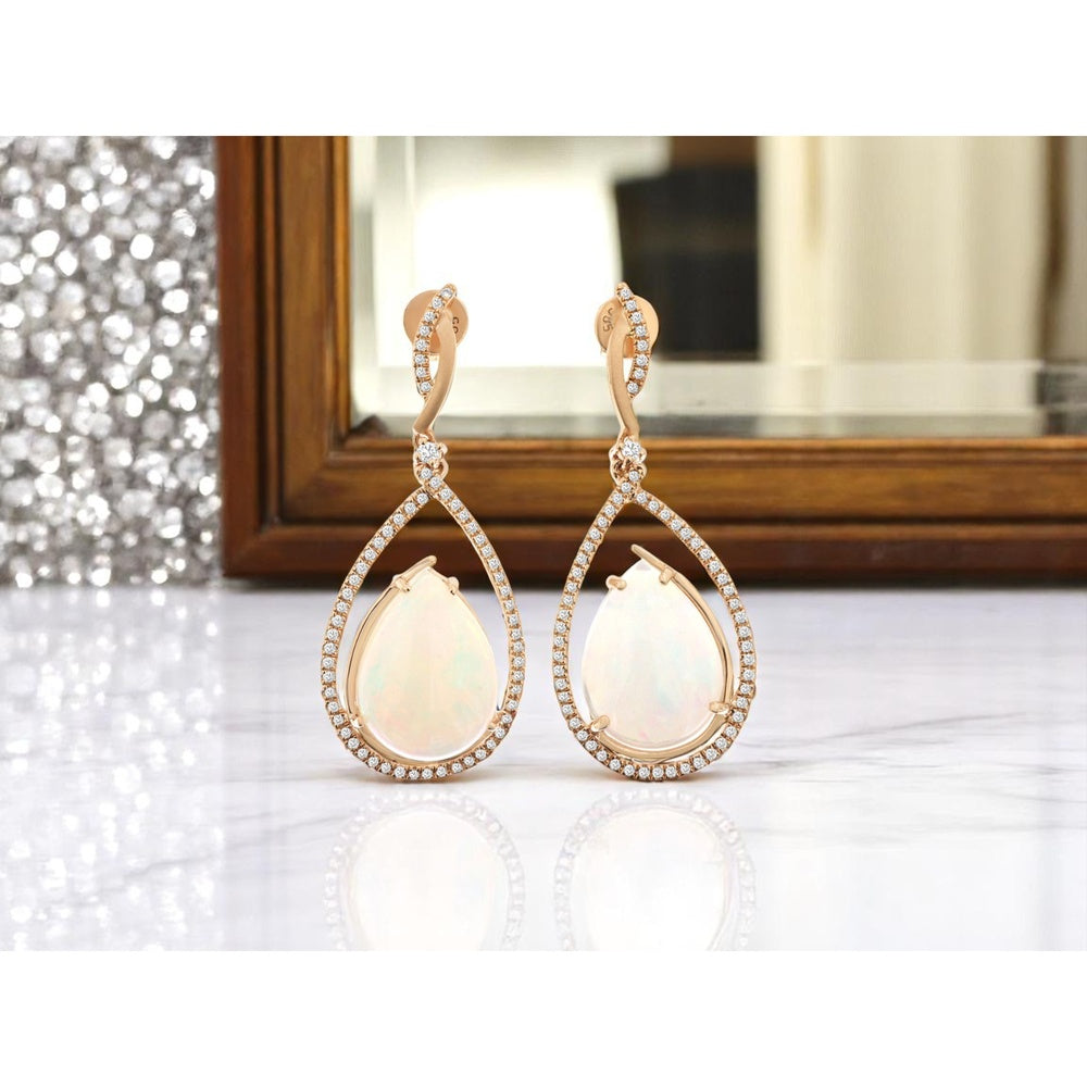 14K Rose Gold Pear-Shaped Opal and Diamond Halo Drop Earrings - 12.30 Carat Total Opal Weight and 0.51 Carat Total Diamond Weight - Royal Jewelry