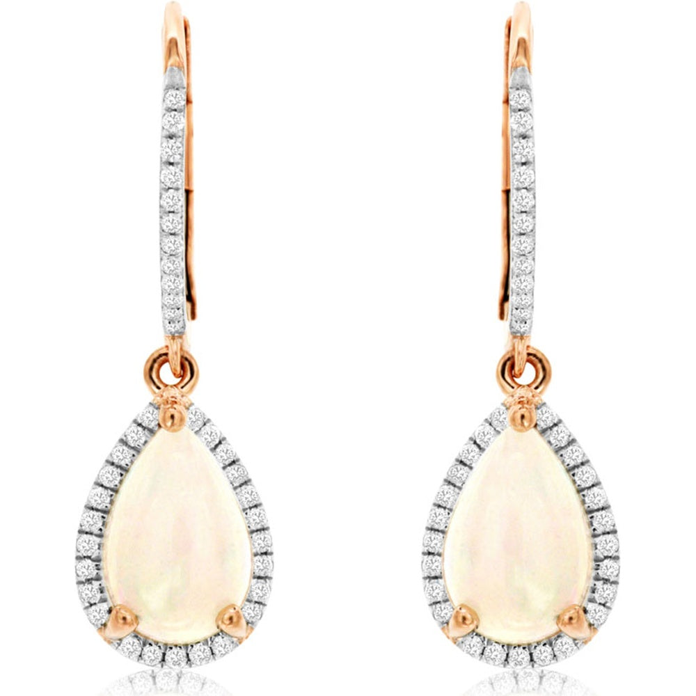 14K Rose Gold Pear-Shaped Opal and Diamond Halo Drop Earrings with Leverback Closure - 1.50 Carat Total Opal Weight and 0.22 Carat Total Diamond Weight - Royal Jewelry