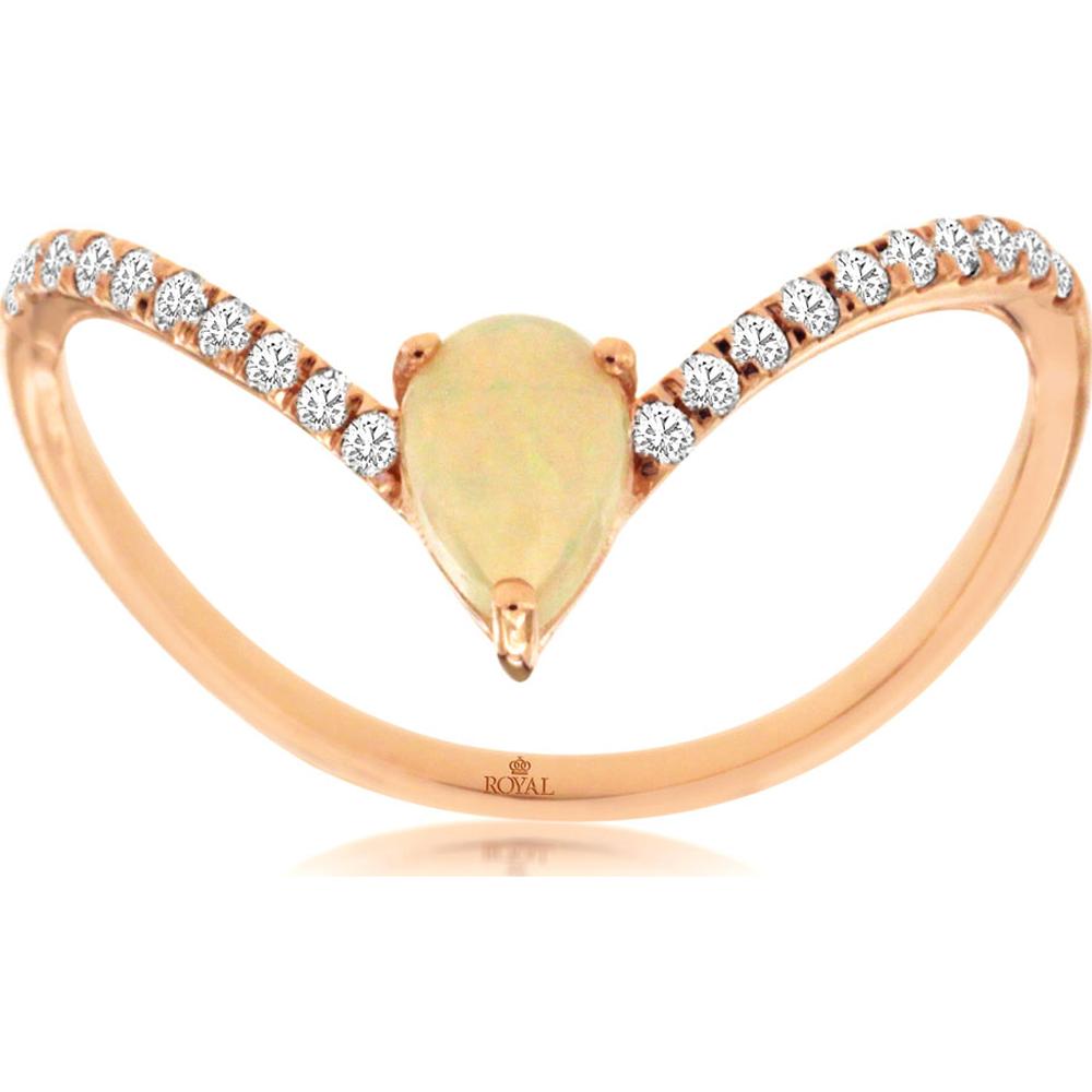 14K Rose Gold Pear-Shaped Opal and Diamond V-Ring with 0.30 Carat Opal and 0.14 Carat Total Diamond Weight - Royal Jewelry