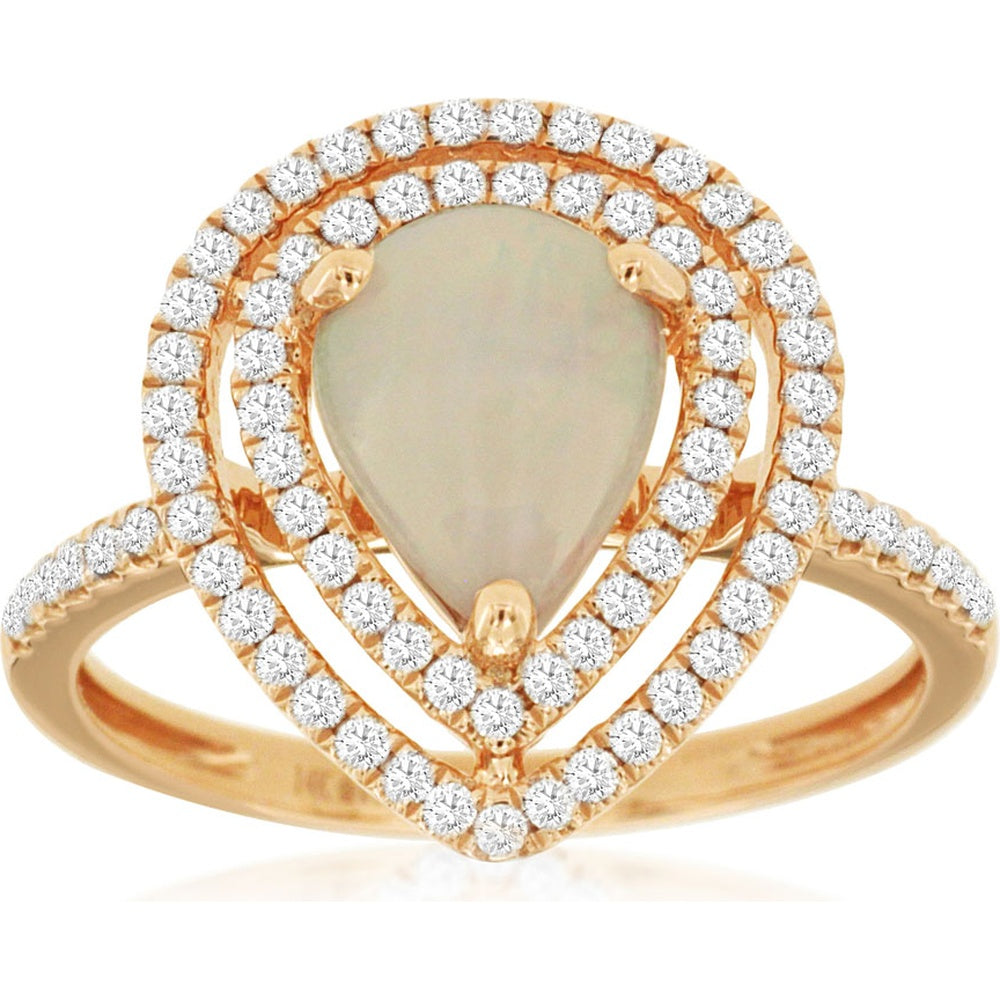 14K Rose Gold Pear-Shaped Opal Double Halo Ring with Pavé-Set Round Diamonds - 1.20 Carat Opal and 0.40 Carat Total Diamond Weight - Royal Jewelry