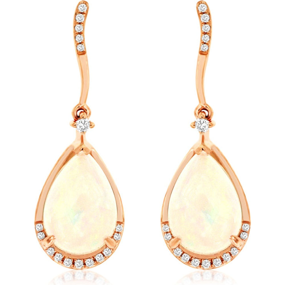 14K Rose Gold Pear-Shaped Opal Drop Earrings with Pavé-Set Round Diamond Accents - 3.40 Carat Total Opal Weight and 0.17 Carat Total Diamond Weight - Royal Jewelry
