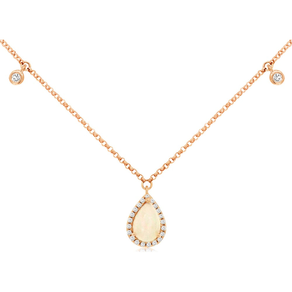 14K Rose Gold Pear-Shaped Opal Pendant Necklace with Diamond Halo and Station Accents - 0.40 Carat Opal and 0.12 Carat Total Diamond Weight - Royal Jewelry