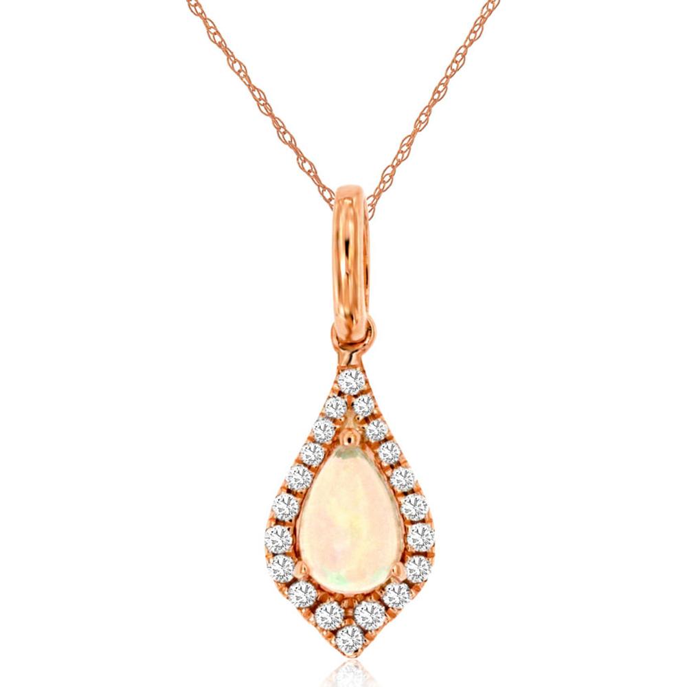 14K Rose Gold Pear Shaped Opal Pendant with Diamond Halo - 0.25 Carat Opal and 0.10 Carat Total Diamond Weight - Royal Jewelry