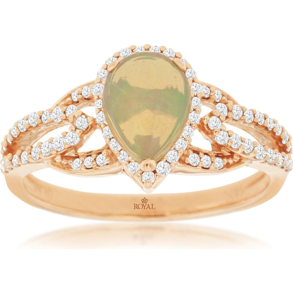 14K Rose Gold Pear-Shaped Opal Ring with Pave-Set Diamond Halo - 0.70 Carat Opal and 0.30 Carat Total Diamond Weight - Royal Jewelry