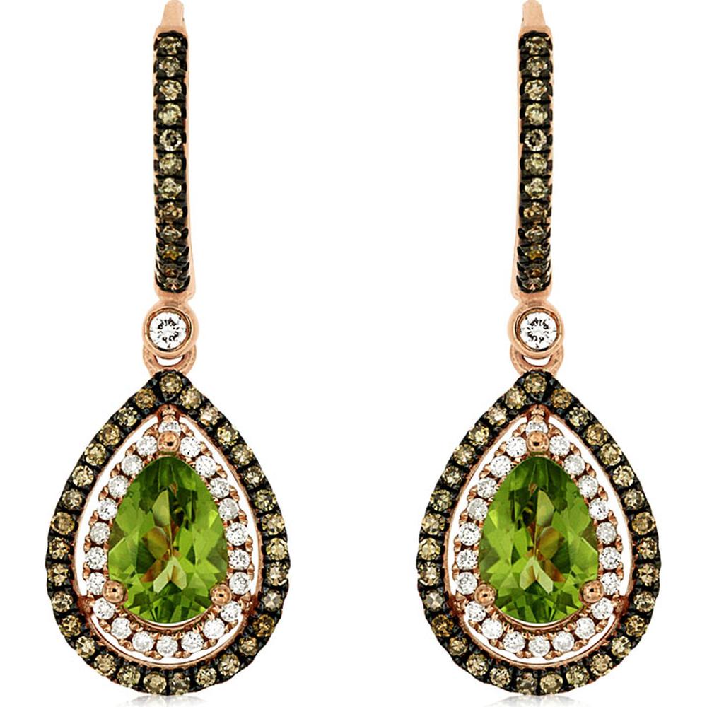 14K Rose Gold Pear-Shaped Peridot and Mocha Diamond Double Halo Drop Earrings with Lever Backs - 1.50 Carat Peridot, 0.56 Carat Total Diamond Weight (White & Mocha) - Royal Jewelry