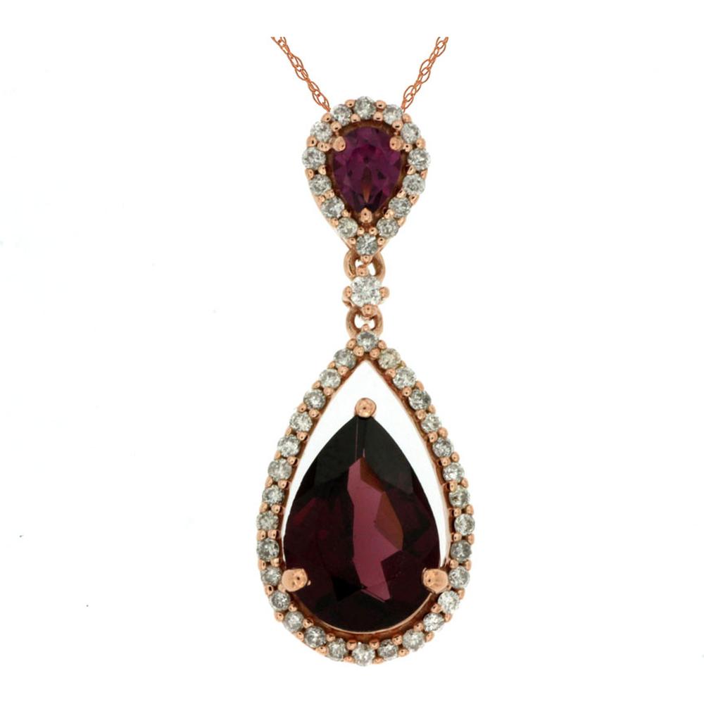 14K Rose Gold Pear-Shaped Rhodolite and Diamond Halo Pendant Necklace - 2.55 Carats Total Gem Weight - Royal Jewelry