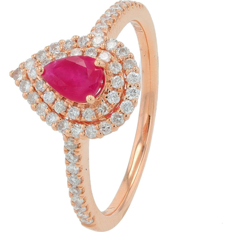 14K Rose Gold Pear-Shaped Ruby and Diamond Double Halo Ring - 0.45 Carats Ruby and 0.40 Carats Total Diamond Weight