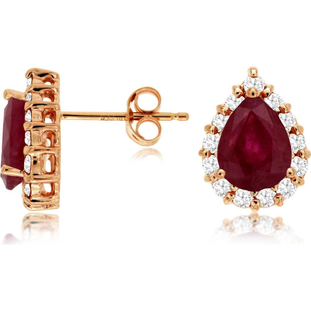 14K Rose Gold Pear-Shaped Ruby and Diamond Halo Stud Earrings - 2.25 Carat Total Ruby Weight, 0.60 Carat Total Diamond Weight - Royal Jewelry