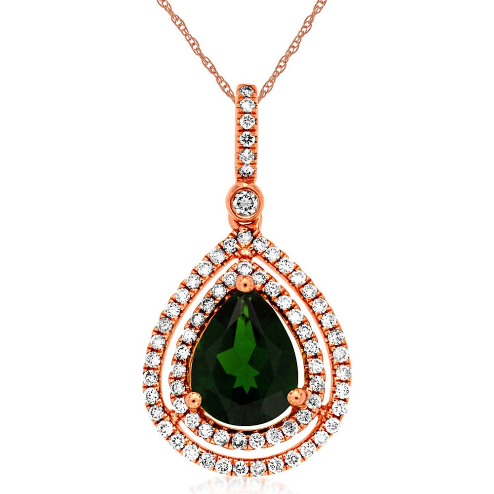 14K Rose Gold Pear-Shaped Russalite Pendant with Double Halo Round Diamonds - 1.90 Carat Russalite and 0.40 Carat Total Diamond Weight - Royal Jewelry