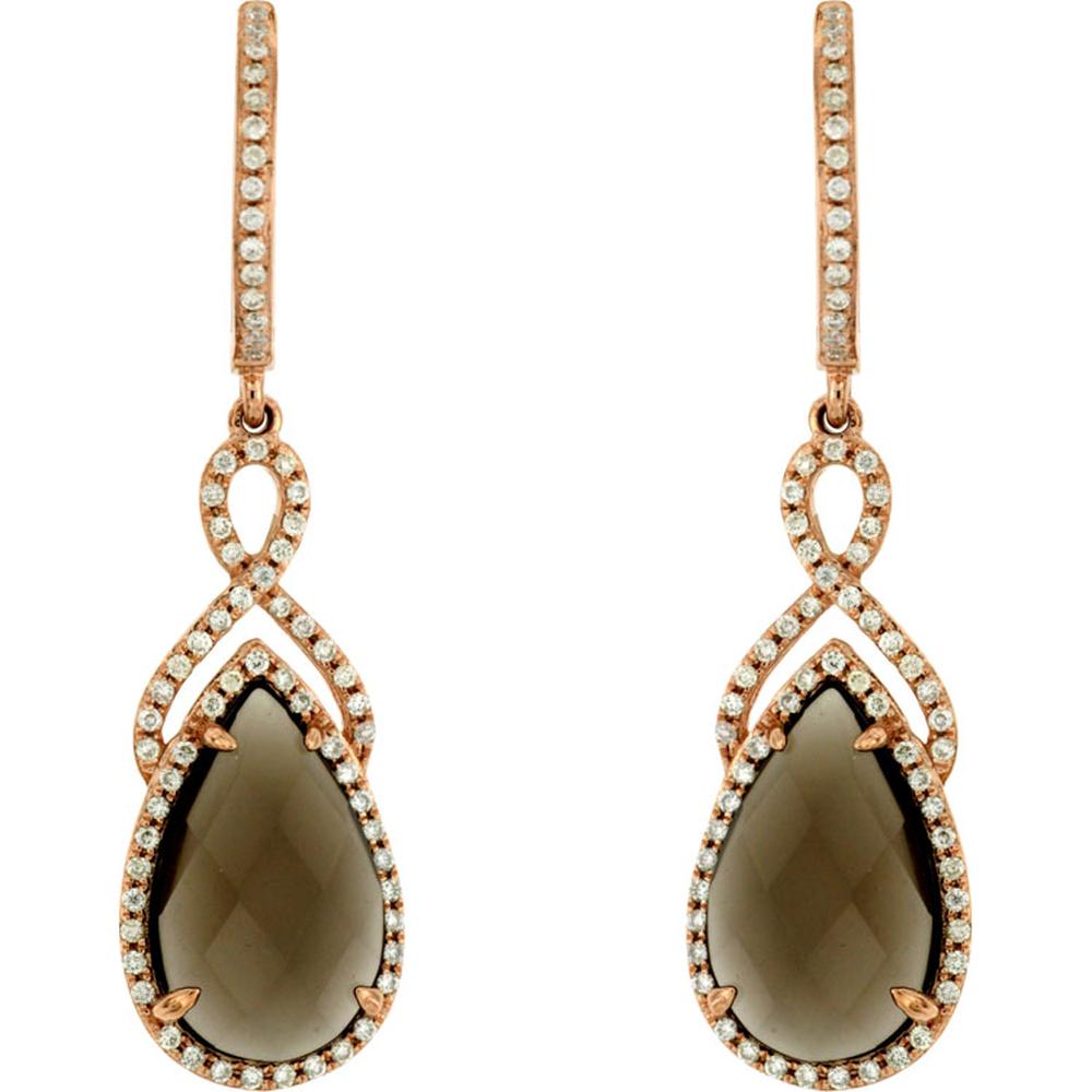 14K Rose Gold Pear Shaped Smoky Quartz and Diamond Halo Dangle Earrings - 5.10 Carat Total Smoky Quartz Weight, 0.40 Carat Total Diamond Weight - Royal Jewelry