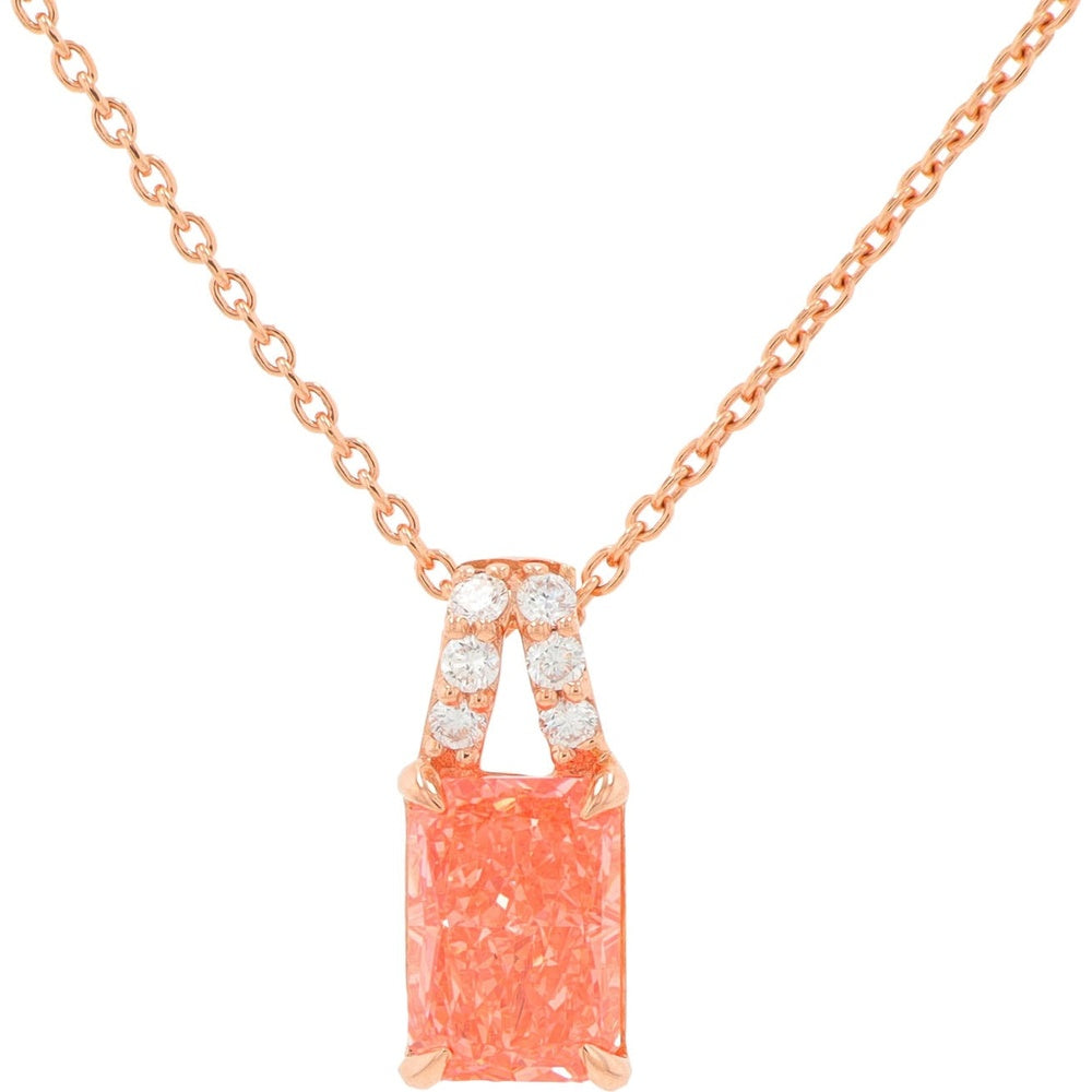 14K Rose Gold Pendant Necklace with 1 Carat Radiant Cut Lab Grown Pink Diamond and Pavé Diamond Split Bale
