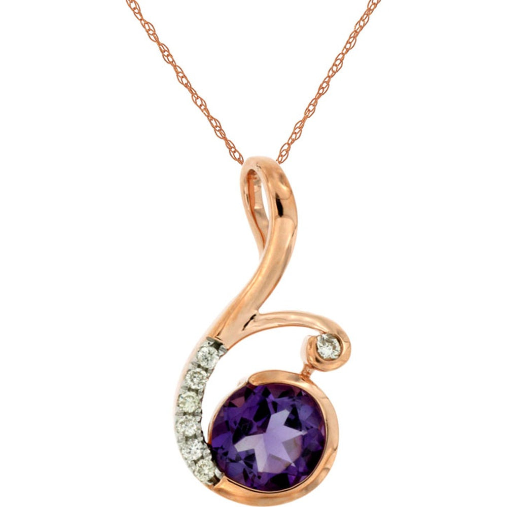 14K Rose Gold Pendant Necklace with Bezel-Set Round Amethyst and Diamond Accents - 0.95 Carat Amethyst and 0.05 Carat Total Diamond Weight - Royal Jewelry