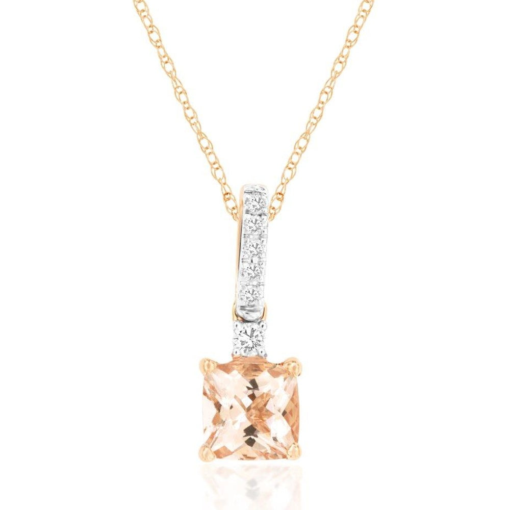 14K Rose Gold Pendant Necklace with Cushion-Cut Morganite and Pavé Diamond Bail - 0.86 Carat Morganite and 0.07 Carat Total Diamond Weight - Royal Jewelry