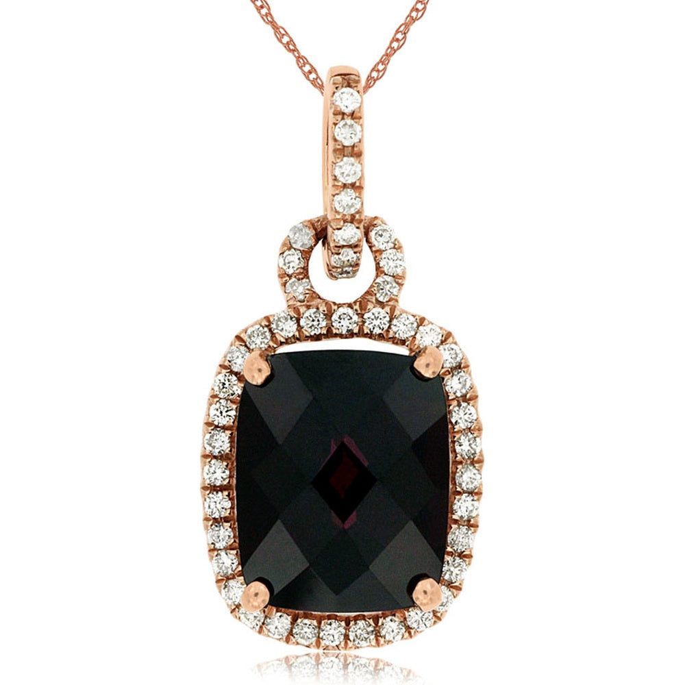 14K Rose Gold Pendant Necklace with Cushion Cut Rhodolite Garnet and Diamond Halo - 4.90 Carat Rhodolite and 0.30 Carat Total Diamond Weight - Royal Jewelry