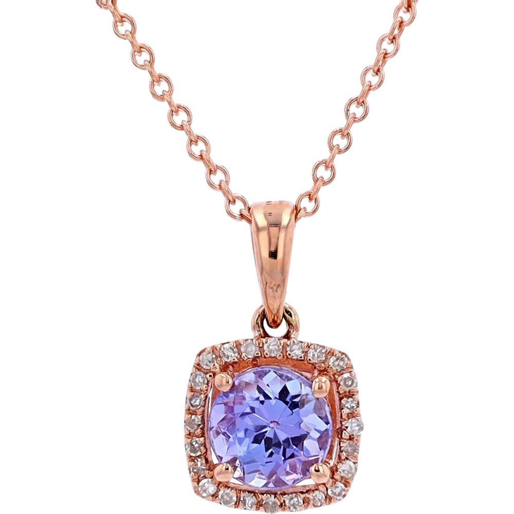 14K Rose Gold Pendant Necklace with Cushion-Cut Tanzanite - 0.74 Carats and Diamond Halo - 0.07 Carats Total Diamond Weight