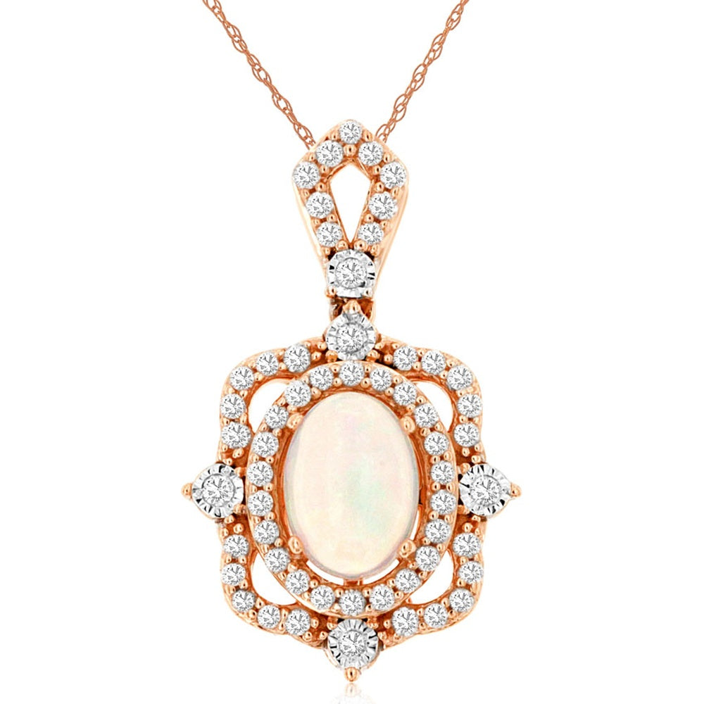 14K Rose Gold Pendant Necklace with Halo-Set Oval Opal and Round Diamonds - 0.50 Carat Opal and 0.25 Carat Total Diamond Weight - Royal Jewelry