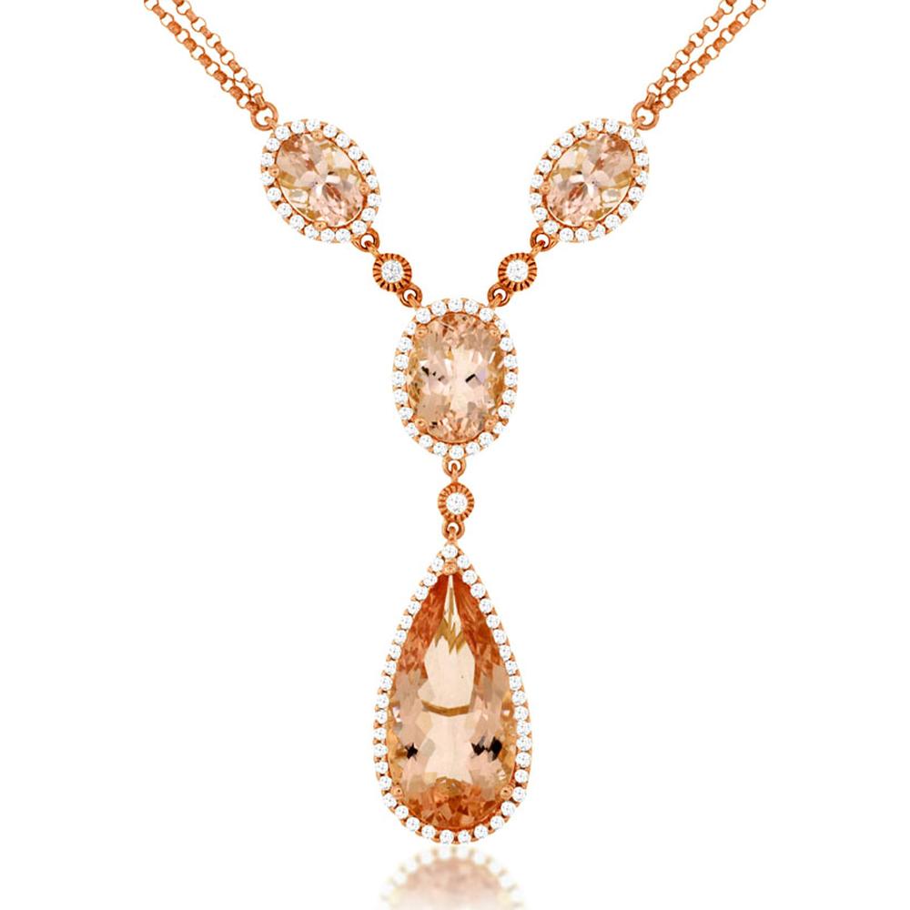14K Rose Gold Pendant Necklace with Oval and Teardrop Morganite and Diamond Halo - 9.05 Carats Total Morganite Weight