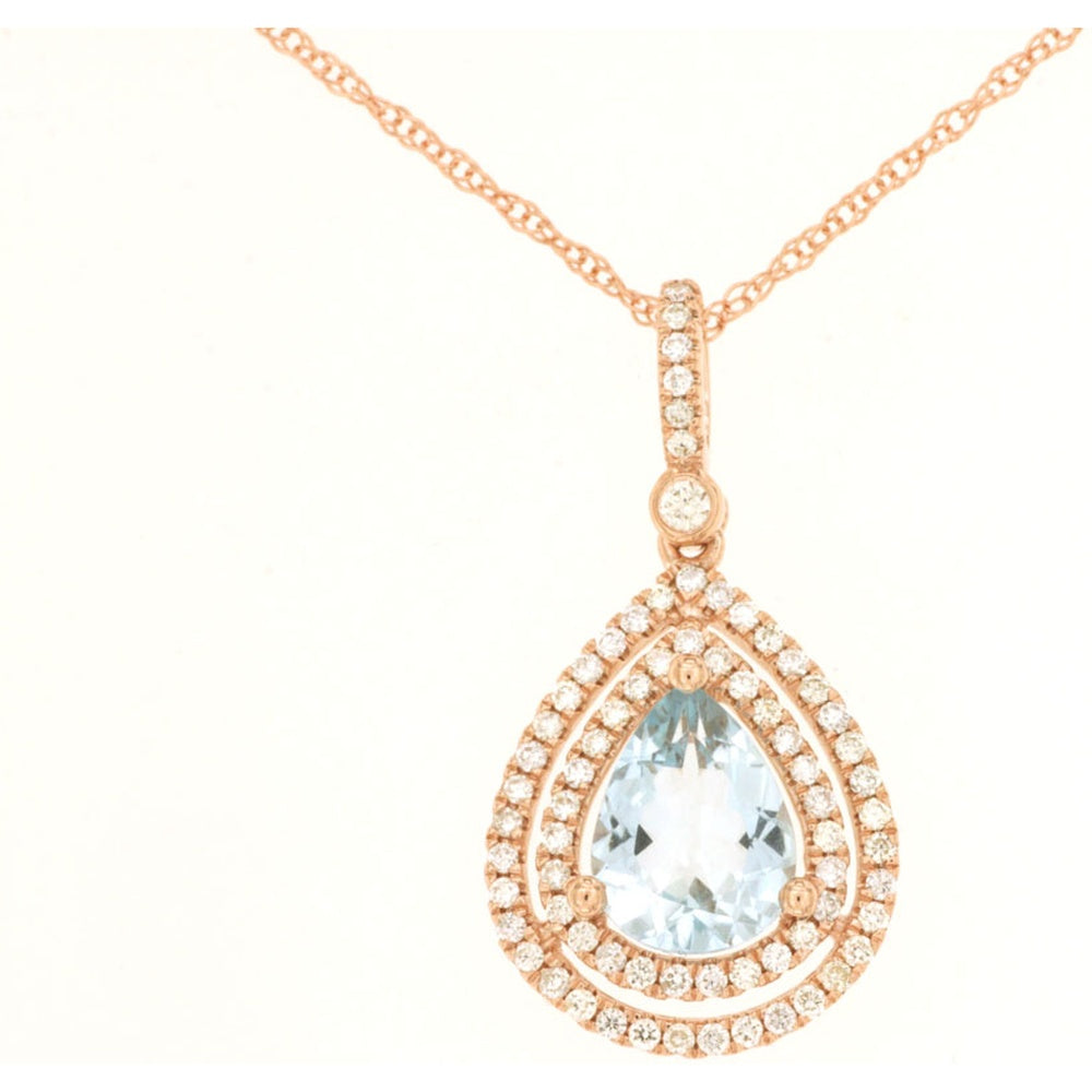 14K Rose Gold Pendant Necklace with Pear-Shaped Aquamarine and Double Halo Round Diamonds - 1.30 Carat Aquamarine and 0.40 Carat Total Diamond Weight - Royal Jewelry