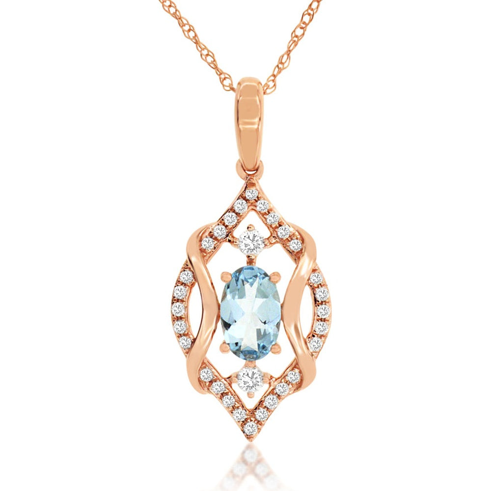 14K Rose Gold Pendant with Oval Aquamarine and Diamond Halo Accents - 0.42 Carat Total Aquamarine Weight with 0.12 Carat Total Diamond Weight - Royal Jewelry