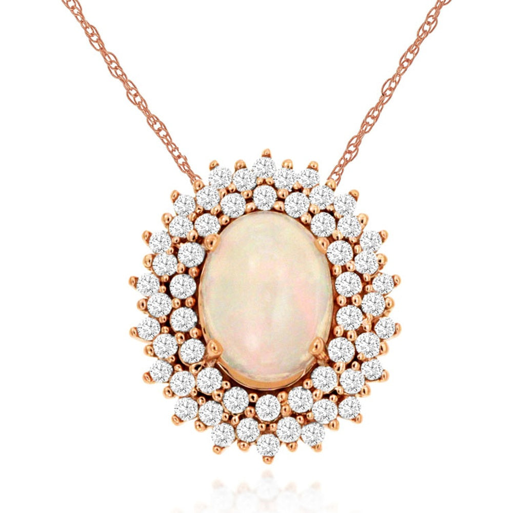 14K Rose Gold Pendant with Oval Cabochon Opal and Double Halo Round Diamonds - 0.90 Carat Opal and 0.33 Carat Total Diamond Weight - Royal Jewelry