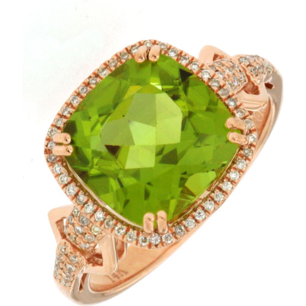 14K Rose Gold Peridot & Diamond Cushion Cut Ring - 4.20 Carats Peridot, 0.20 Carats Total Diamond Weight