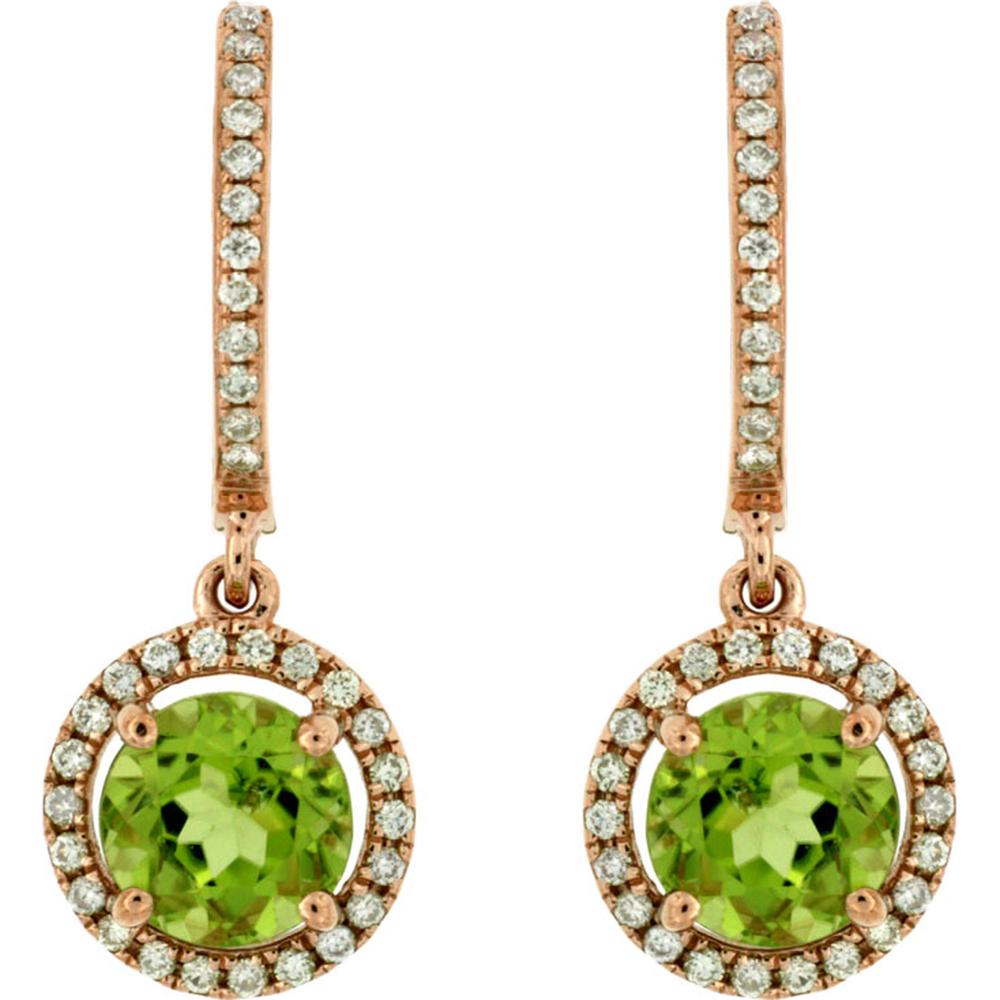 14K Rose Gold Peridot & Diamond Halo Drop Earrings - 1.85 Carats Peridot & 0.26 Carats Total Diamond Weight