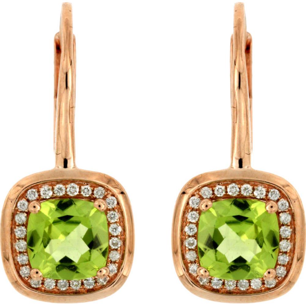14K Rose Gold Peridot and Diamond Halo Drop Earrings - 2.20 Carats Peridot, 0.30 Carats Total Diamond Weight