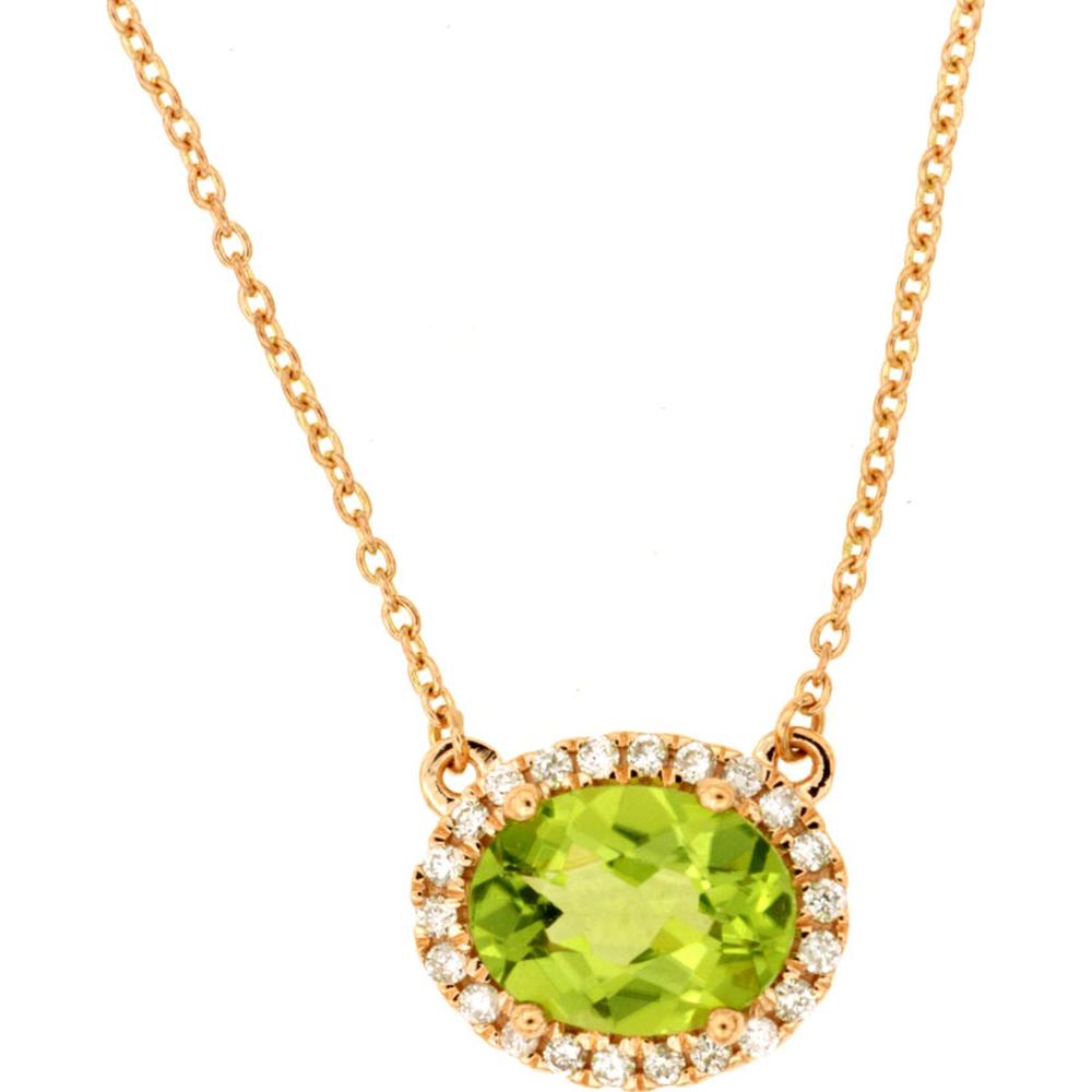 14K Rose Gold Peridot & Diamond Halo Necklace - 1.52 Carats Total Carat Weight