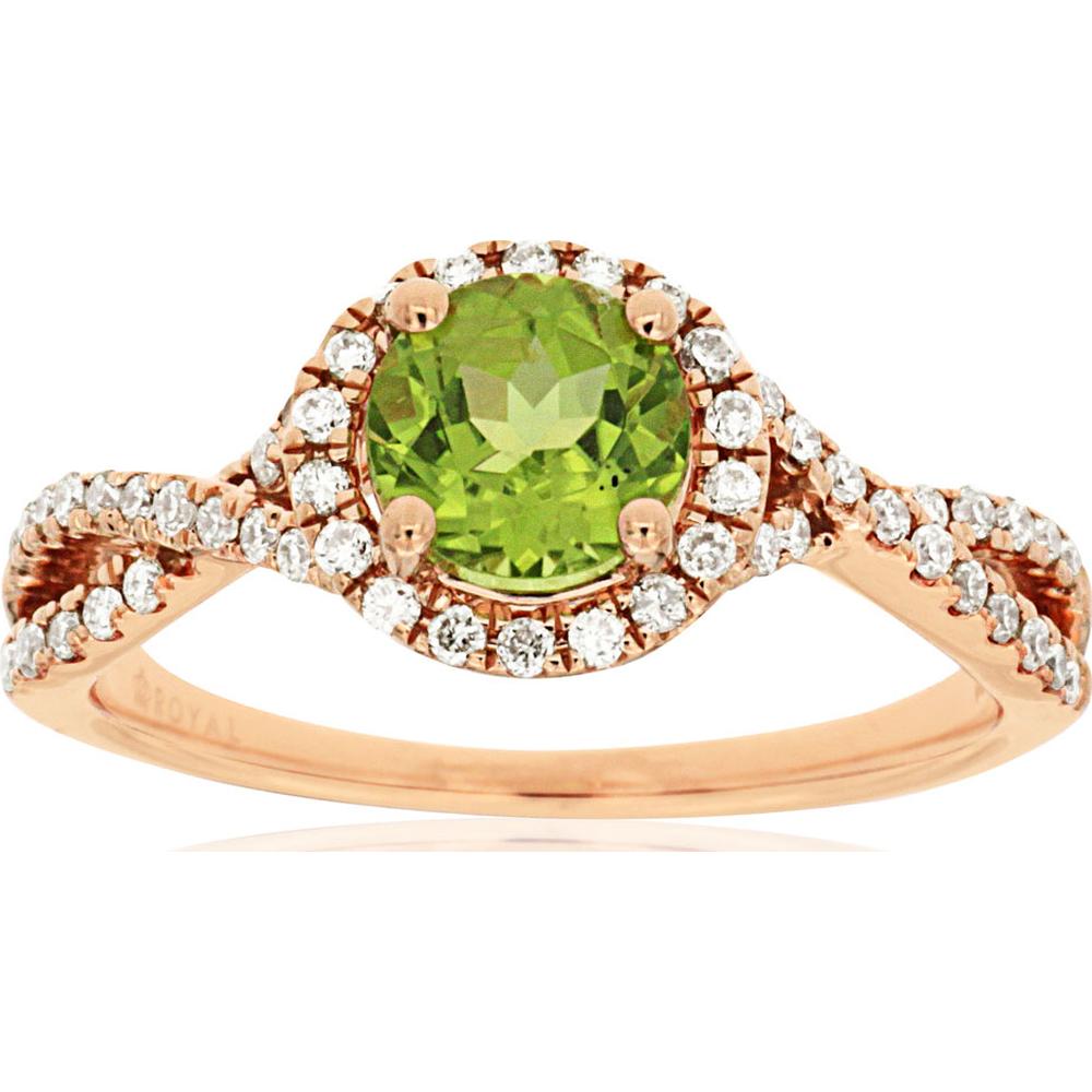 14K Rose Gold Peridot & Diamond Halo Ring - 0.95 Carats Peridot, 0.30 Carats Diamond Total Weight